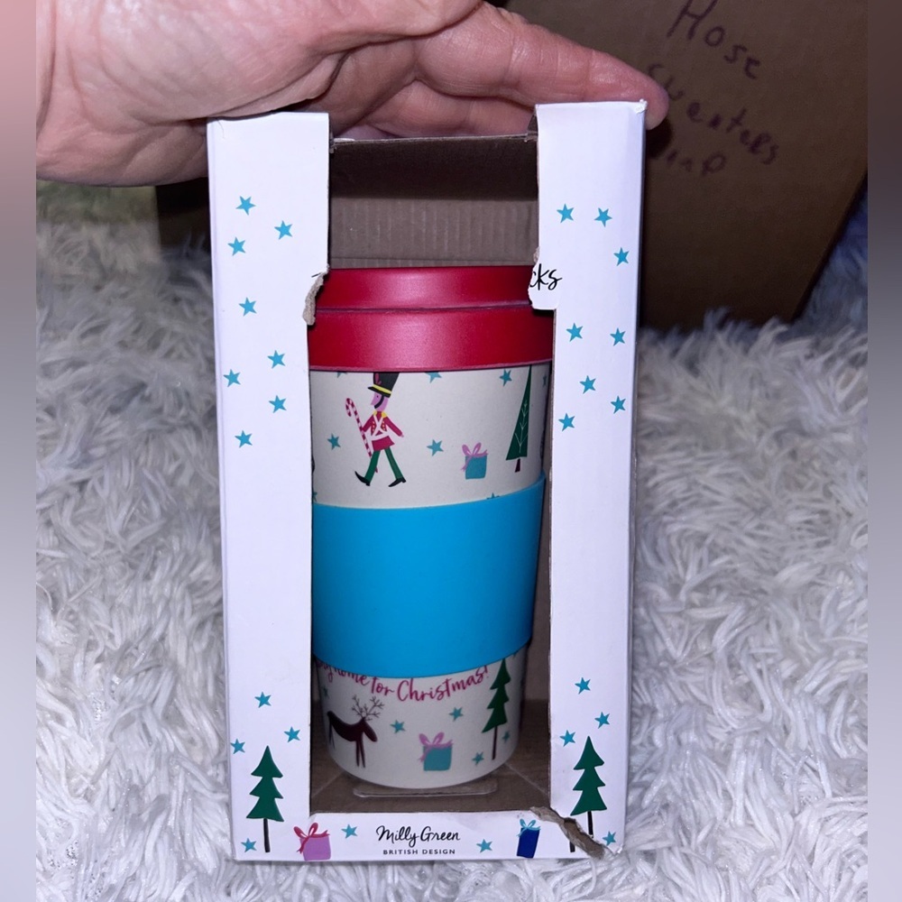 Milly Green Christmas reindeer soldier Travel Mug NIB box damaged
